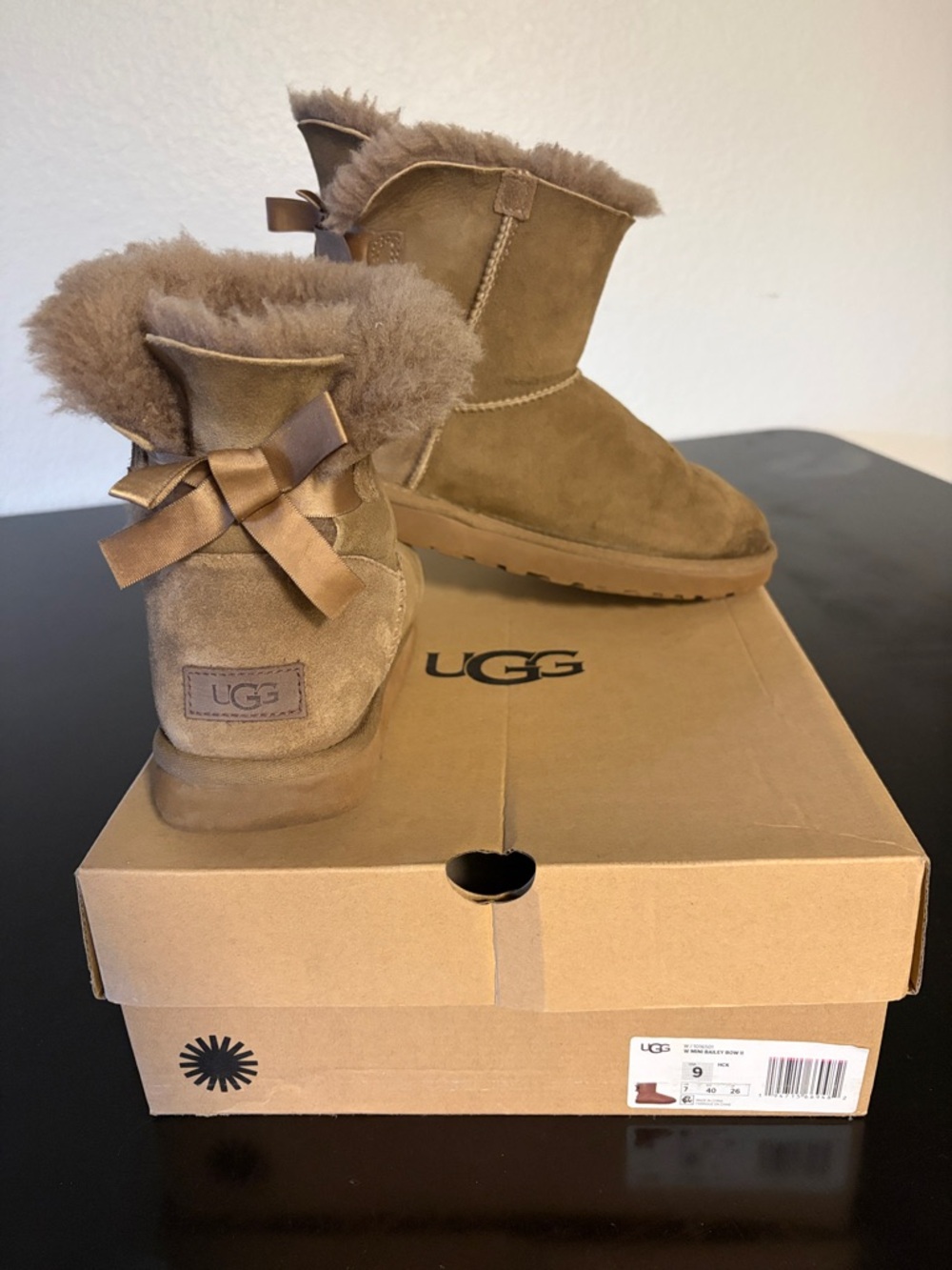 UGG Chestnut Suede Mini Boots with Back Mini Bailey Bow II